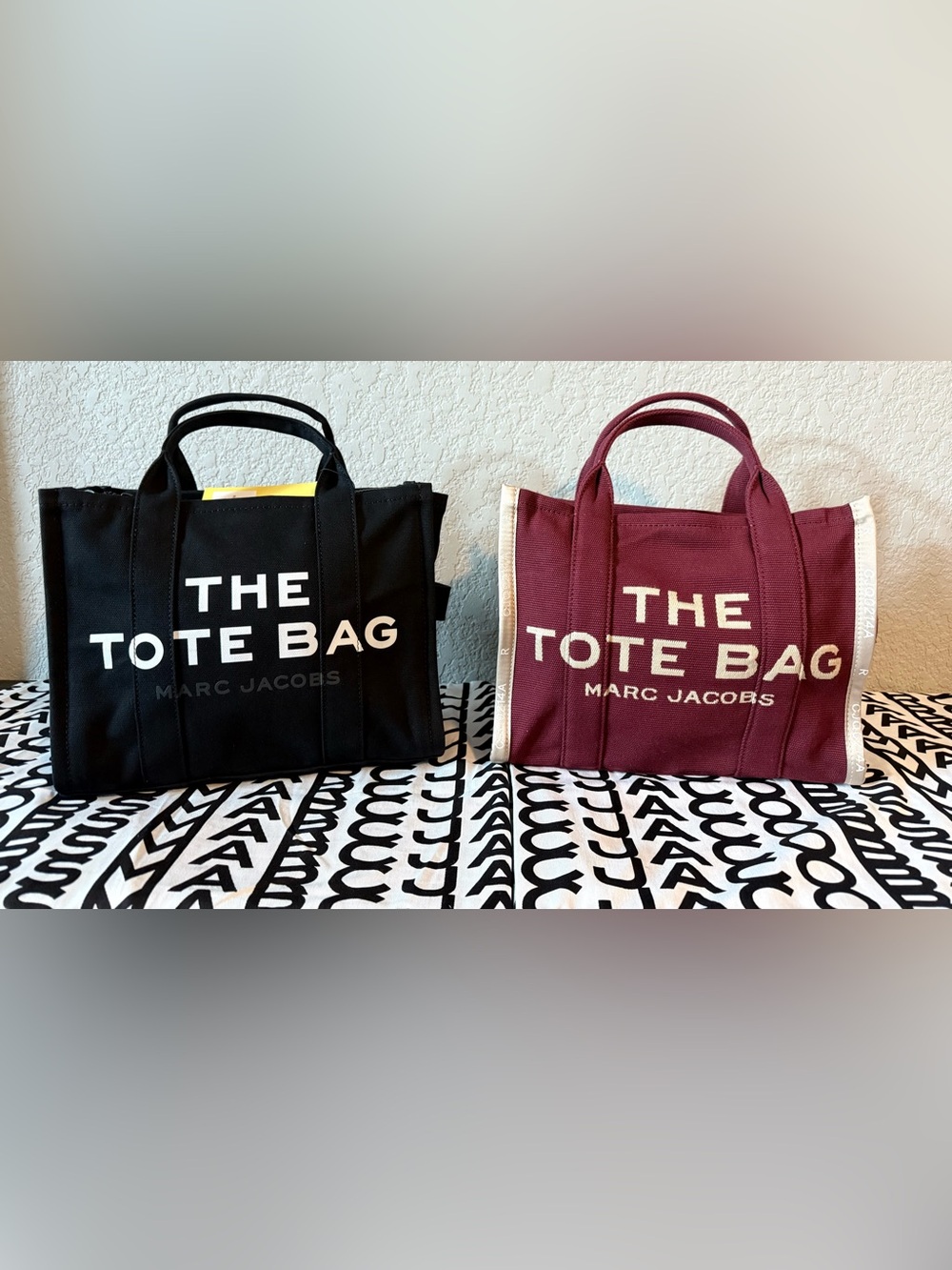 Marc Jacobs Canvas Tote in Burgundy with Cream Trim and Black - PAIR